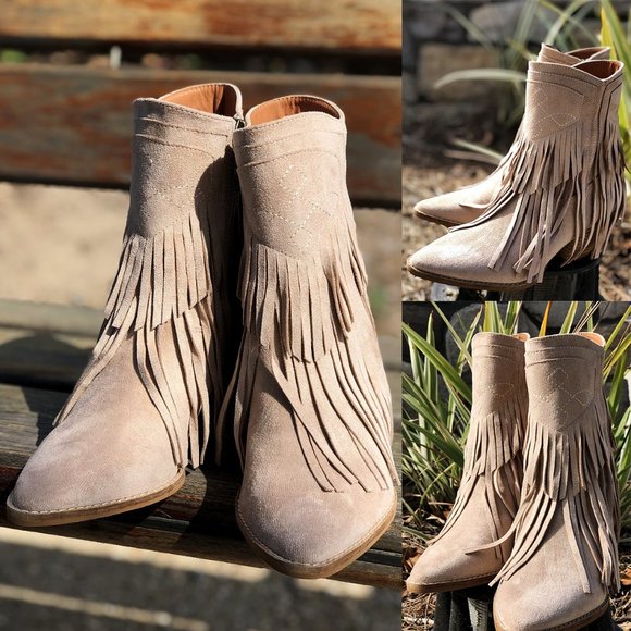 NEW Fringe Tassel Faux Suede Pointy Toe Block Heel Western Booties Boots Taupe - Picture 12 of 14